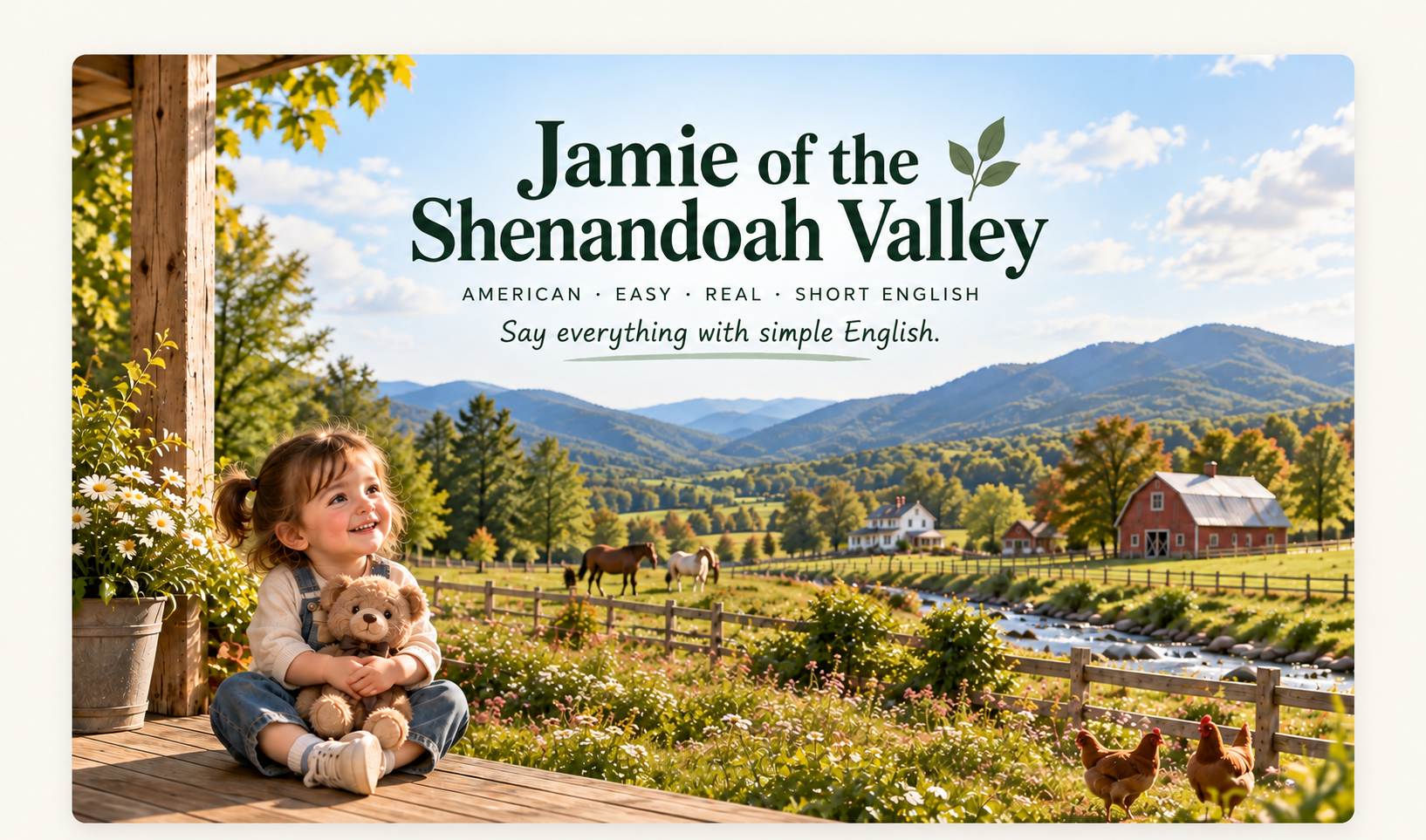 곰 인형을 안은 제이미와 셰넌도어 계곡의 농장 풍경. Jamie of the Shenandoah Valley. Say everything with simple English.